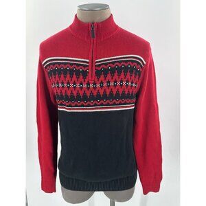 Chaps 1/4 Zip Mens Sweater Red Fair Isle Heavy Knit Cotton Mock Neck Medium